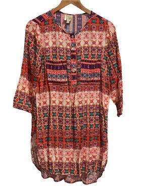 Fig‎ and Flower Hi Low Tunic Dress Floral Print 3/4 Sleeve Multicolor